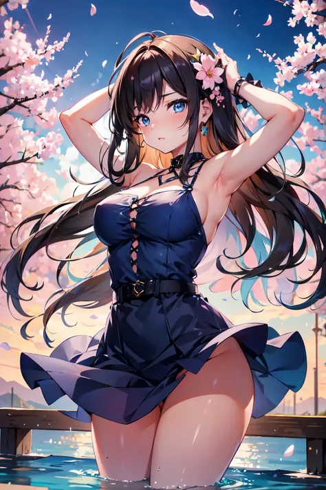 1 female、whole body、bottom corner、brown hair、long hair、well-groomed face、thick lips、blue eyes、blue dress、beautiful breasts、slim、mini skirt、raise your arms、armpit、cherry blossoms、cherry blossoms吹雪、petal、hot spring town、night、full moon、masterpiece、ultra high...