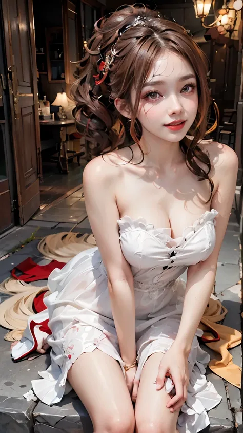 Modify hair only、Face）Reddish-brown hair，curls，ponytail，Nice bun，Perfect hairstyle，red headdress，red eyes，red eye，red pupils，Delicate and detailed eyes，clear eyes，Red eyes，huge ，smile，happy