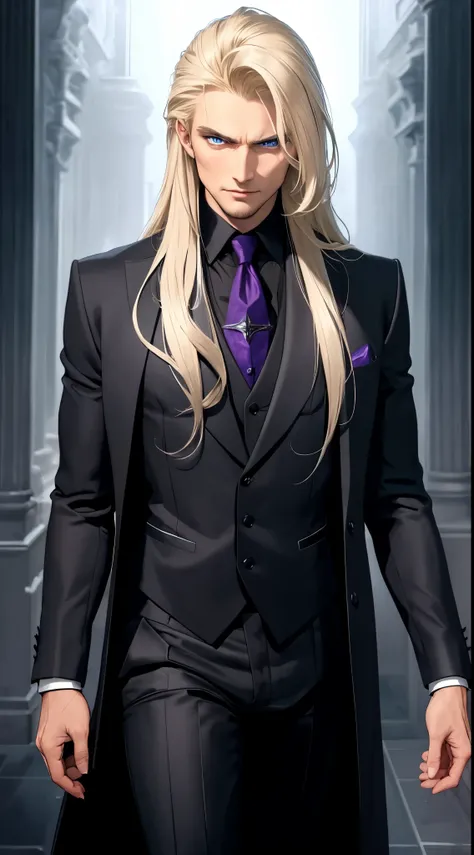 (best quality:1.4), masterpiece, ultra-detailed, realistic evil cowboy, intense gaze, enigmatic smile, dark gothic atmosphere, handsome man, tousled blonde hair, piercing blue eyes, hypnotic gaze, long flowing hair, fair complexion, elegant black suit, tai...