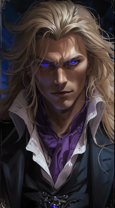 (best quality:1.4), masterpiece, ultra-detailed, realistic evil cowboy, intense gaze, enigmatic smile, dark gothic atmosphere, handsome man, tousled blonde hair, piercing blue eyes, hypnotic gaze, long flowing hair, fair complexion, elegant black suit, tai...