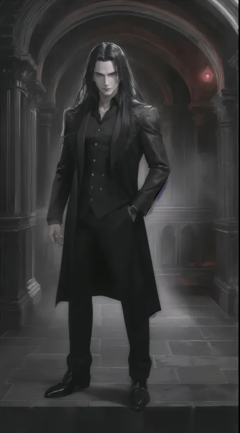 (highres,photorealistic:1.2),handsome man with a captivating gaze stands in a gothic castle. He has long, black hair and piercing grey eyes that exude intensity. His eyes are intricately detailed, drawing attention to their mesmerizing beauty. The man has ...