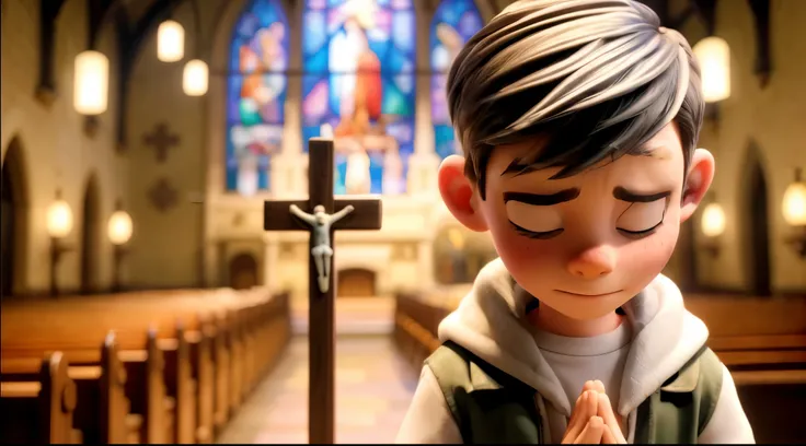 A cartoon boy is praying in a church with a cross and stained glass windows in the background.