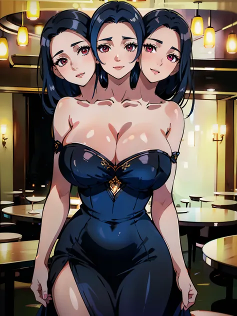 (masterpiece),(ultra-detailed), (high quality), (high resolution), (best quality:1.5, highres, UHD), highres, absurdo, ultra detail, ultra quality, ((3heads:1.5)), 1girl, ((long black hair)), thighs, ((vibrant blue dress)), single piece dress,, seductive s...