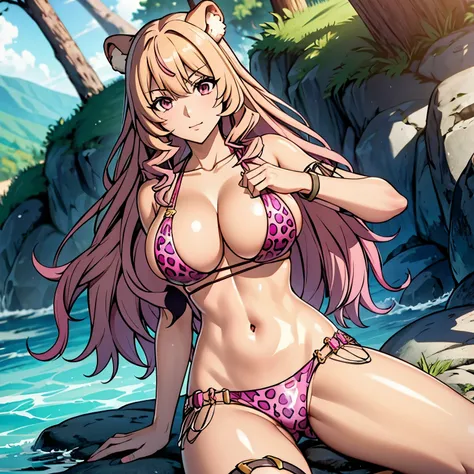 Raphtalia, beautiful woman 30 years old with bear ears. piel bronceada, ruby red eyes and blonde hair with pink tips, pechos grandes gotas de agua sus pechos. sonrisa mostrando los dientes, rubor... pechos enormes, voluptuosos, pink leopard print bikini, e...