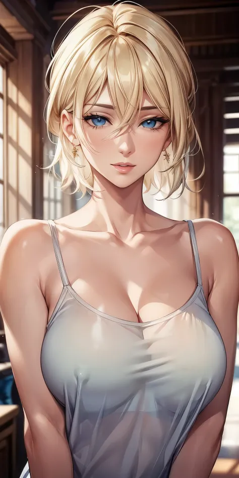 portrait, elegant mature woman, blue eyes, blonde hair, big breast, transparent camisole, see through nipple, ultra detailed cg 8k, beautiful cg, soft light