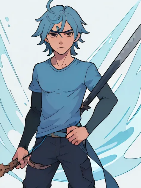 A 2d male character who uses a spear as a weapon, that controls water, e meio humano meio macaco, tem as pontas do cabelo azul, wears a long-sleeved shirt and 15-year-old pants 