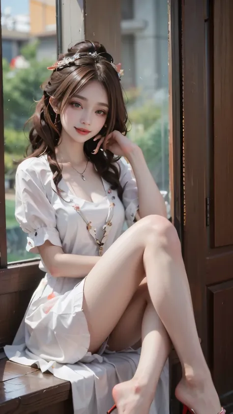 Modify hair only、Face）white dress，Reddish-brown hair，curls，ponytail，Nice bun，Perfect hairstyle，red headdress，red eyes，red eye，red pupils，Delicate and detailed eyes，clear eyes，Red eyes，huge ，smile，happy