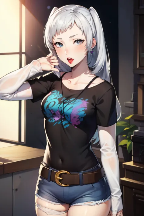 robin fe ,earrings, 1girl, solo, standing, black t-shirt, white shirt, blue jeans, belt, lipstick,