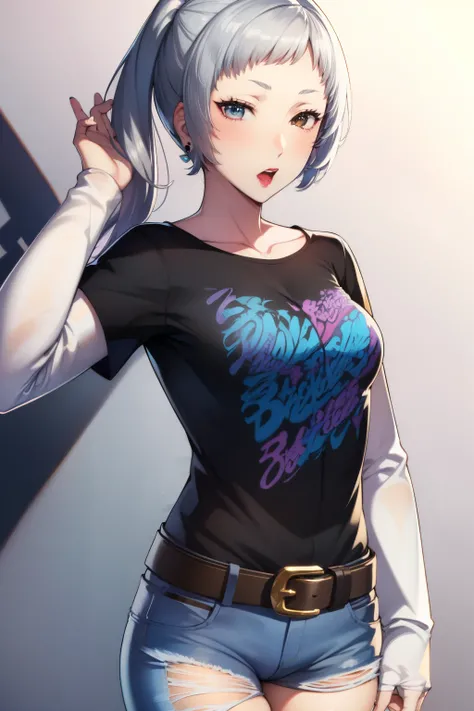 robin fe ,earrings, 1girl, solo, standing, black t-shirt, white shirt, blue jeans, belt, lipstick,