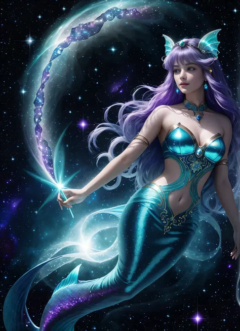 In the depths of the interstellar sea, where galaxies dance and nebulas shimmer, there exists a celestial being unlike any other – a space mermaid of ethereal beauty and boundless curiosity. With skin as rich and deep as the most vibrant amethyst, she glid...