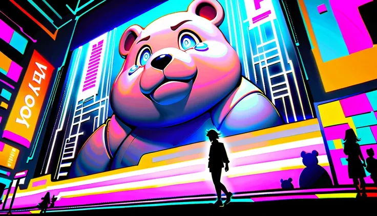 a crying giant bear，，surrounded by neon lights and futuristic buildings。the character has expressive eyes and a crying expressio...