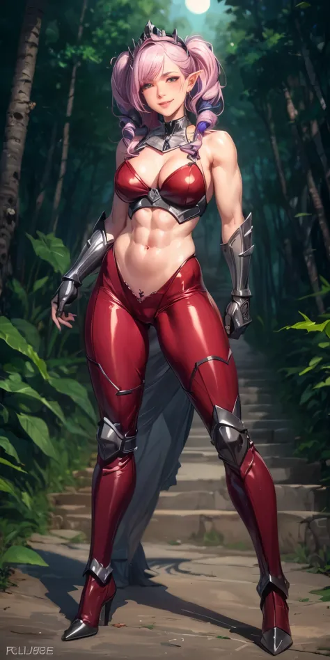 masterpiece, best quality, purple hair, pointy ears, female dwarf, collar, off-shoulder shirt, cleavage, brown leather vest, green pants, large breasts, walking, stairs, forest, night sky, boots, erected nipples, lustful smirking smile face red blushed red...