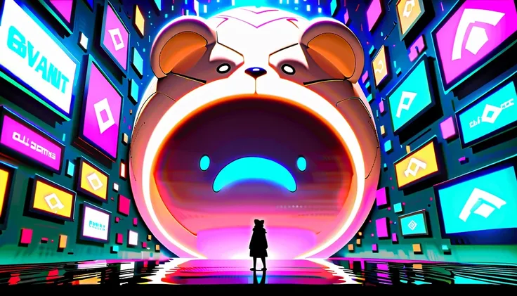 a crying giant bear，，surrounded by neon lights and futuristic buildings。the character has expressive eyes and a crying expressio...