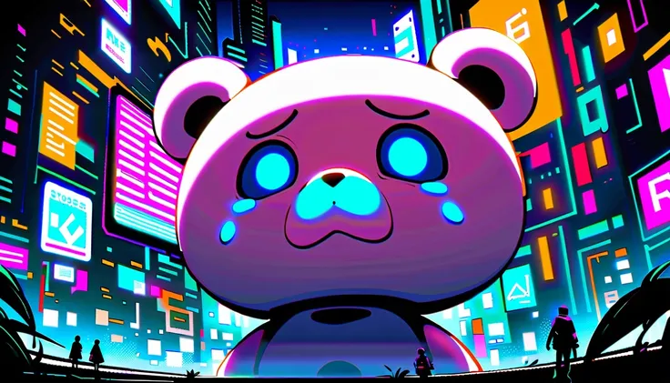 a crying giant bear，，surrounded by neon lights and futuristic buildings。the character has expressive eyes and a crying expressio...