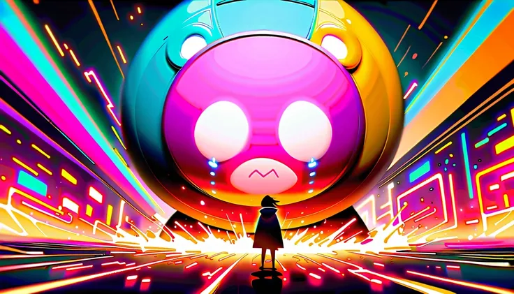 a crying giant bear，，surrounded by neon lights and futuristic buildings。the character has expressive eyes and a crying expressio...