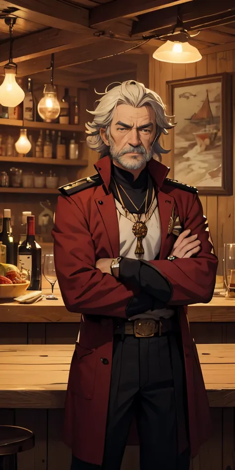 "Design an anime-style image of Captain Varlos, a rugged human sailor with salt-and-pepper hair and a weathered face marked by a life at sea. He is wearing a captains coat. Captain Varlos is standing in front of his tavern, telling tales of the sea to an e...