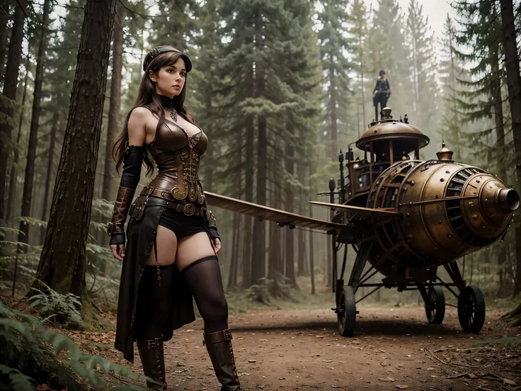 a beautiful steampunk girl standing with a steampunk flying machine behind her,forest clearing,realistic,perfect body,perfect eyes,perfect hands,looking at camera,early morning