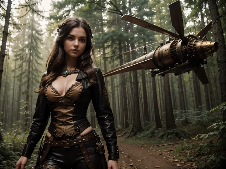 a beautiful steampunk girl standing with a steampunk flying machine behind her,forest clearing,realistic,perfect body,perfect eyes,perfect hands,looking at camera,early morning