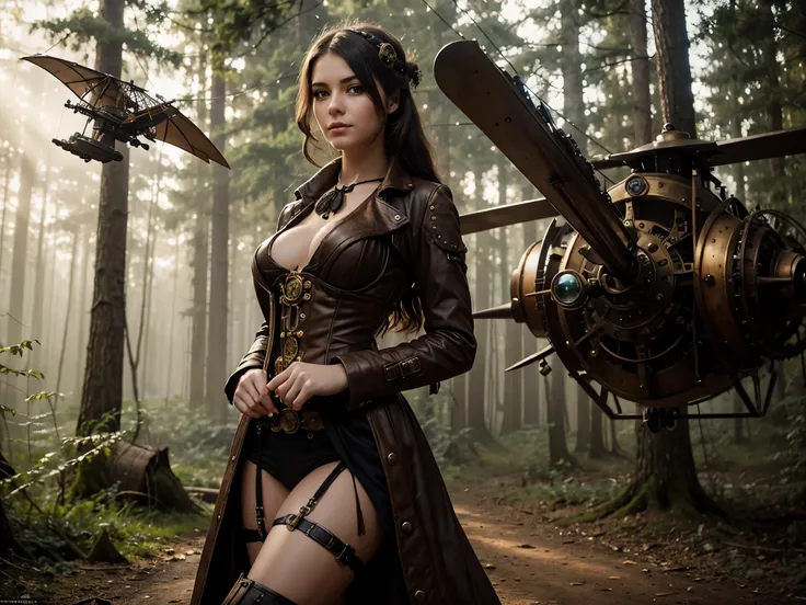 a beautiful steampunk girl standing with a steampunk flying machine behind her,forest clearing,realistic,perfect body,perfect eyes,perfect hands,looking at camera,early morning