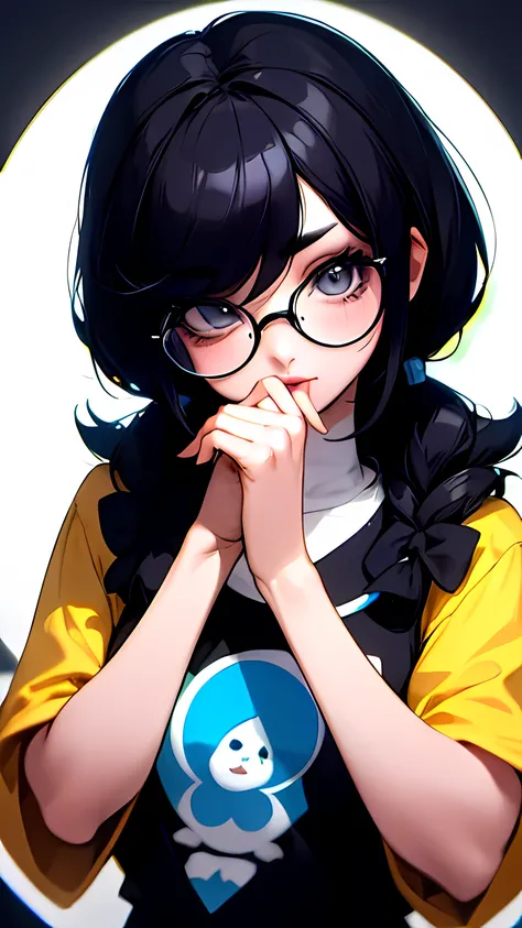 1 chica, black hair with big eyelashes and glasses, tiene una camisa negra con overol azul, con pincel en un fondo blanco