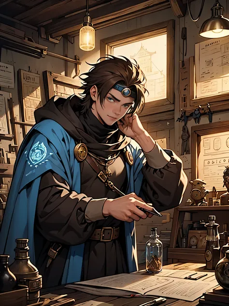 "Create an anime-style depiction of Nikolai Gearfellow, a young human prodigy with messy brown hair, goggles resting on his forehead, and a spark of genius in his eyes. Hes surrounded by clockwork devices and blueprints, holding a miniature automaton hes j...