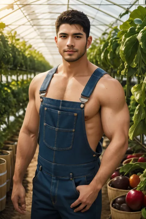 realistic, masterpiece, intricate details, detailed background, depth of field, cinematic, muscular, pectorals, photo of a handsome (latino man), wearing naked overalls, farming, crops, plants, greenhouse, barrels, bushels of fruits and vegetables, sunligh...