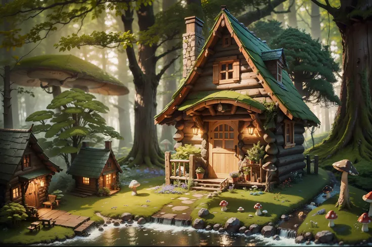 Close-up of a small house with mushrooms growing in the garden, cabin in the forest, Cottage in the woods, little house in the forest, witch cabin in the forest, elves house, Beautiful fairy tale rendering, mushroom house, house in forest, Small cottage, B...