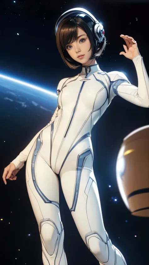 (masterpiece、highest quality、highest resolution、clear_image、Detailed details): (full body figure、15 year old girl、Japanese face、small face、thin、navy blue super short bob cut hair、blue colored eyes、((navy long sleeve space suit、space helmet))、headset、cosmic...