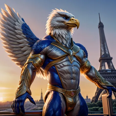 (masterpiece rendering of an eagle as the paris 2024 mascot in highest quality)
(anthropomorphic eagle mascot for paris 2024, fu...