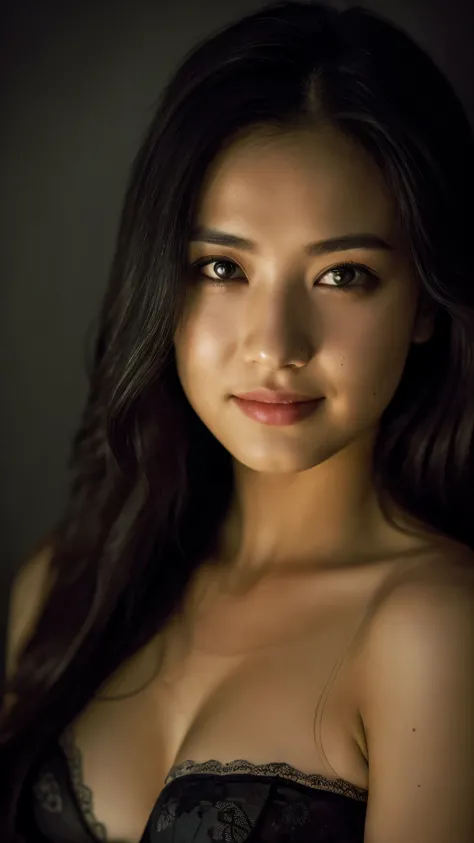 highest quality, epic realistic, ((in the pitch black darkness :1.4)), ((portrait:1.5)),(background: dark ) high contrast ,glorious picture, lowest lux, lighting face, shes comfortable, wearing lingerie, looks incredible, (8k, Raw photo, Highest quality),(...