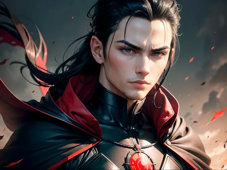 Create a detailed drawing of a young man with slicked back black hair, sharp onyx eyes, featuring red irises from the Sharingan, uma estrutura facial definida, a serious expression, wearing a high-necked black cape with red cloud patterns, and a forehead p...