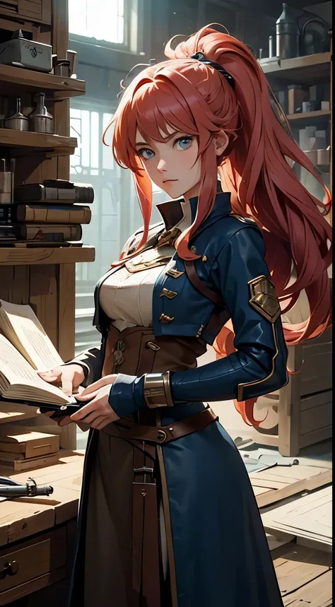 "Generate an anime-style depiction of Elena Brightspark, an inventive human with wild, unkempt hair full of pins and tools. Shes surrounded by unfinished inventions and blueprints, holding a glowing, mysterious device shes just perfected. The background is...