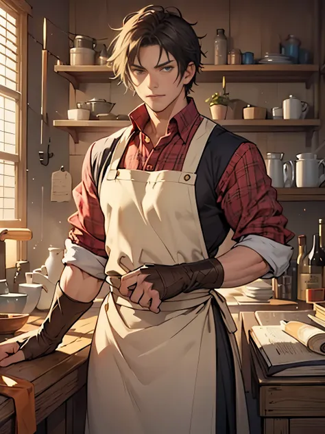 "Create an anime-style illustration of Kaleb Strongheart, a sturdy human carpenter with short, sandy hair and kind, reliable eyes. Hes wearing a leather apron, meticulously carving a piece of wood into a beautiful, intricate design. The background is his w...