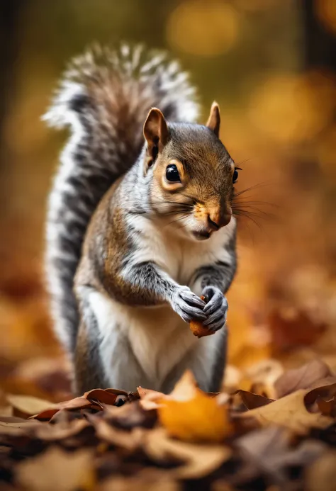 Grey squirrel holding acorn realstic, fall leaves in background