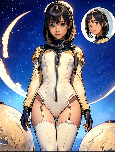 (masterpiece、best quality、Highest resolution、Clear_image、detailed details): (full body picture、15 year old girl、Japanese face、small face、thin、Navy blue super short bob、blue eyes、Blue and Black Shiny Aviator Suit、Armor that protects the chest、tight clothes、...