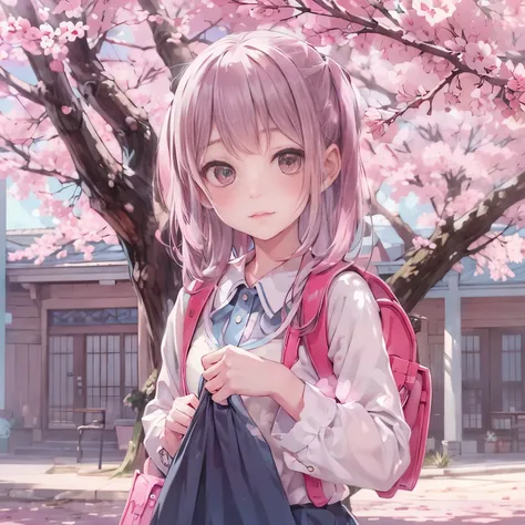 highest quality、realistic anime picture、１girl、７age、carry a school bag、Cherry tree、in front of school