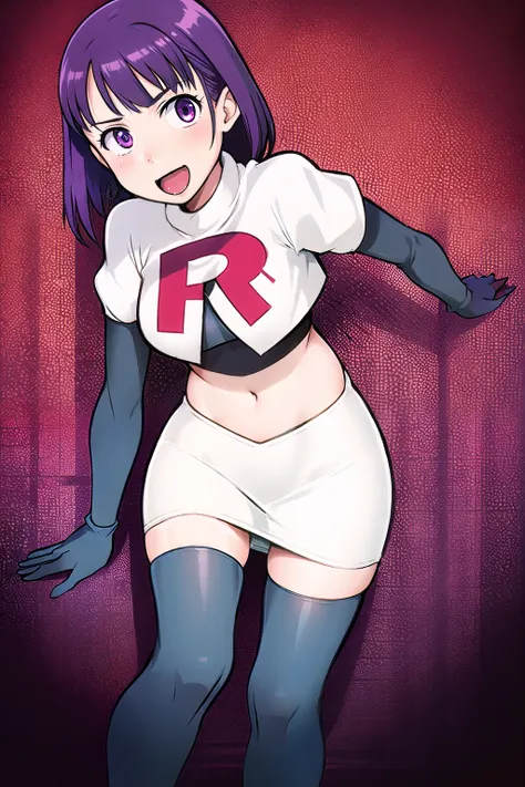 1girl, solo, beautiful face, finely detailed face, beautiful eyes, purple hair, team rocket,team rocket uniform, red letter R, white skirt,white crop top,black thigh-highs,black elbow gloves