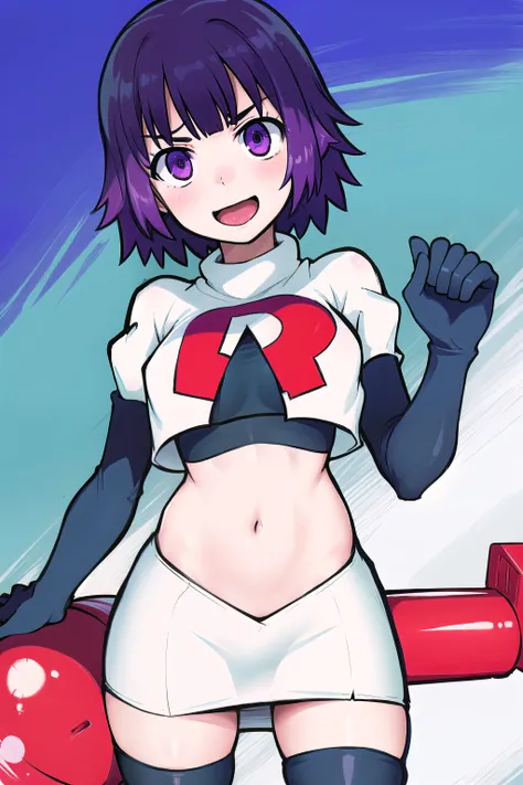 1girl, solo, beautiful face, finely detailed face, beautiful eyes, purple hair, team rocket,team rocket uniform, red letter R, white skirt,white crop top,black thigh-highs,black elbow gloves