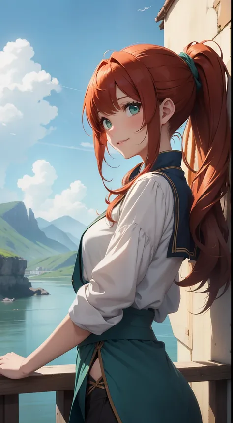 "Craft an anime-style portrayal of Bella Dawnriver, a vibrant human fisherwoman with long, auburn hair tied back in a ponytail and sea-green eyes that sparkle with life. Shes wearing a simple blouse and trousers, holding a fishing net with skillful ease. T...