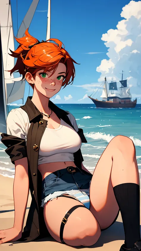 gwen tennyson,tracer,rebecca chambers, mordred,pirate outfit,beach,teenager, green eyes,garter belt,striped panties, short hair,orange hair,pirate ship,shy smile,ginger,white striped top,denim micro shorts,freckles,redhead,beautiful girl,stockings,large br...