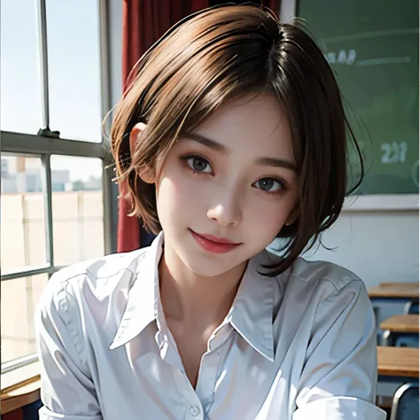 hot summer, school classroom, a beautiful girl, detailed face, short hair, small breasts, shy smile, white collared shirts, masterpiece, best quality, realism:1.4