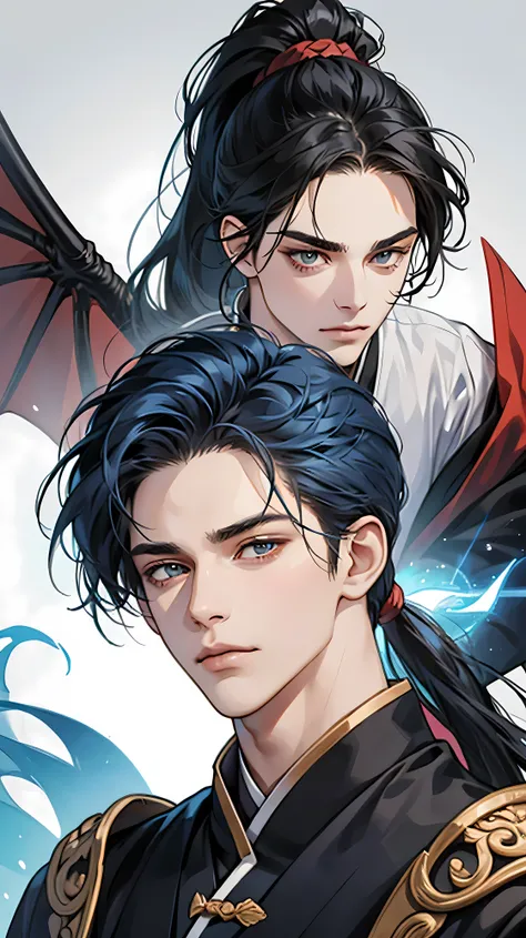 Portrait of Young handsome male, blue hair, dark brown eyes, ponytail hairstyle, long black hair, chinese, wuxia, hanfumale, young beautiful male, high detailed, beautiful, dragon, blue lightings, beautiful aura