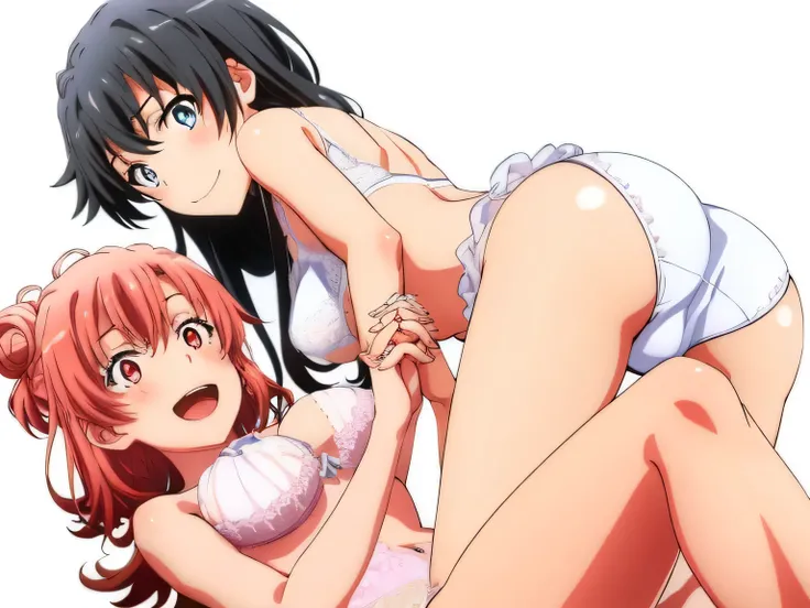 2 girls , Yukinoshita Yukino , Yuigahama Yui has beautiful breasts and a beautiful crotch,and beautiful butt, waltz dance ,In underwear,hold hands,whole body,pink silk panties,white silk panties,Crotch with streaks,spread legs,thighs,knees,calf,high angle,...