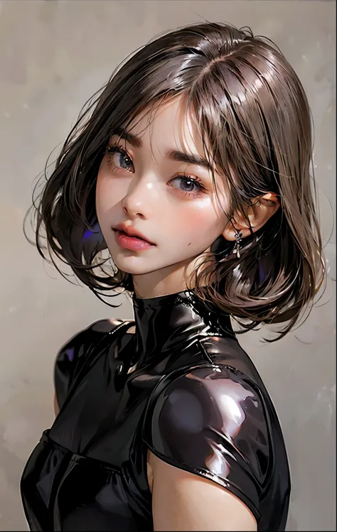 PM, (Purple Latex Suit:1), Golden Fringe Shorthair, Light brown eyes, (Japanese girl),1girl in, 27yr old, Innocence, (Photorealsitic),(top-quality:1.4), (超A high resolution:1.2), 超A high resolution, (A detailed eye), (detailed facial features), nfsw, 8k re...