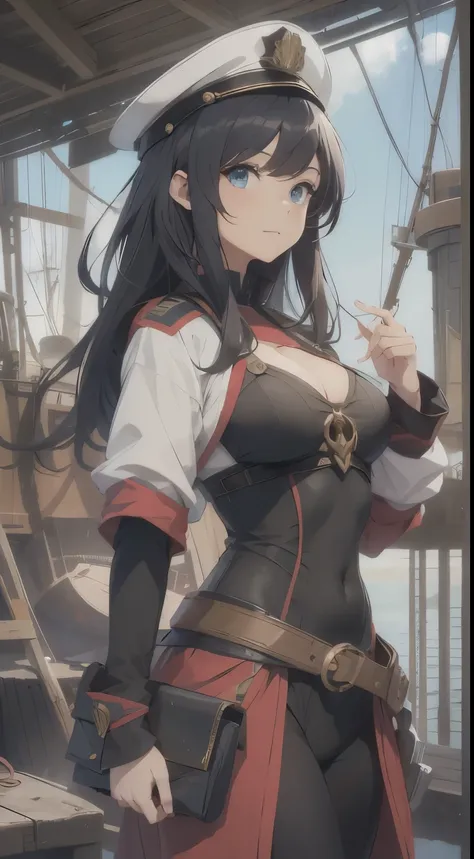 "Craft an anime-style portrayal of Yasmin Bluewater, a human shipwright with sun-kissed skin and determined blue eyes, her hair tied back under a craftsmans cap. Shes reviewing the blueprints of a revolutionary new ship, with the shipyard bustling behind h...