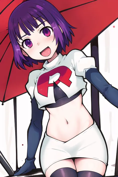 1girl, solo, beautiful face, finely detailed face, beautiful eyes, purple hair, team rocket,team rocket uniform, red letter R, white skirt,white crop top,black thigh-highs,black elbow gloves