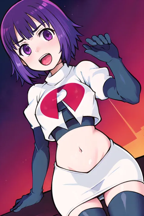 1girl, solo, beautiful face, finely detailed face, beautiful eyes, purple hair, team rocket,team rocket uniform, red letter R, white skirt,white crop top,black thigh-highs,black elbow gloves