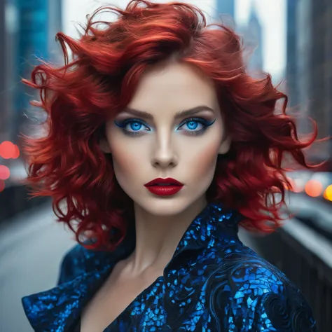 Visualize a muse of the avant-garde with tousled waves of hair framing her enigmatic blue eyes, reflecting the creative spark within her soul. Her lips, adorned in a daring shade of red, exude confidence and allure as she stands against the backdrop of a m...