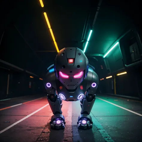 Create a robot game, with colorful neon background, como fone 