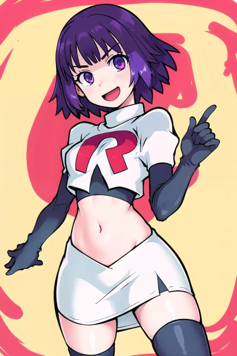 1girl, solo, beautiful face, finely detailed face, beautiful eyes, purple hair, team rocket,team rocket uniform, red letter R, white skirt,white crop top,black thigh-highs,black elbow gloves